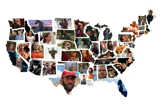 A collage of the map of the United States with each states shaped filled with an image from a movie shot in that state.